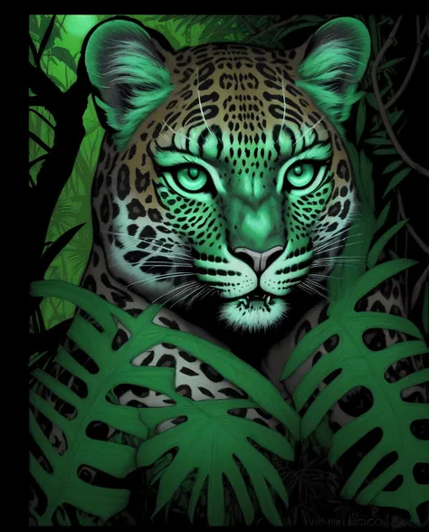 [art by Brian M. Viveros| (art by John Tenniel:1.3) ], Spellbinding Leopard, jungle vegetation, disco colour scheme, Illustration, Glow In The Dark, Moonlight, CineColor
