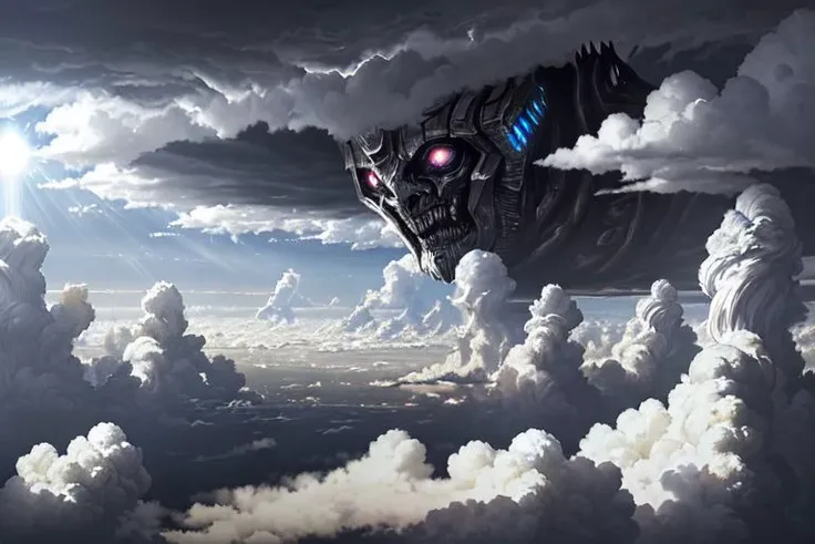 (view from above:0.8)divine city of light in the clouds exuding a godly aura of chrome and silver set high in the sky cradled by the whitest (((clouds))), in the background a malevolent darkness of necrotic bile creeps through the clouds leaving a trail of darkness behind,