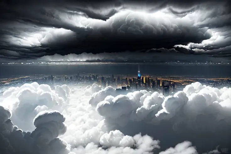 (view from above:0.8) city of light in the clouds exuding a godly aura of chrome and silver set high in the sky cradled by the whitest (((clouds))), ((in the background an evil malevolent darkness creeps through the clouds leaving a trail of darkness behind, moving towards the city))