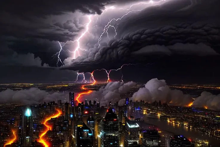 (view from above:0.8) city of light in the clouds exuding a godly aura of chrome and silver set high in the sky cradled by the whitest (((clouds))), ((in the background an enormous dark violent storm full of yellow and red lightning creeps through the clouds leaving a trail of darkness behind, moving towards the city))