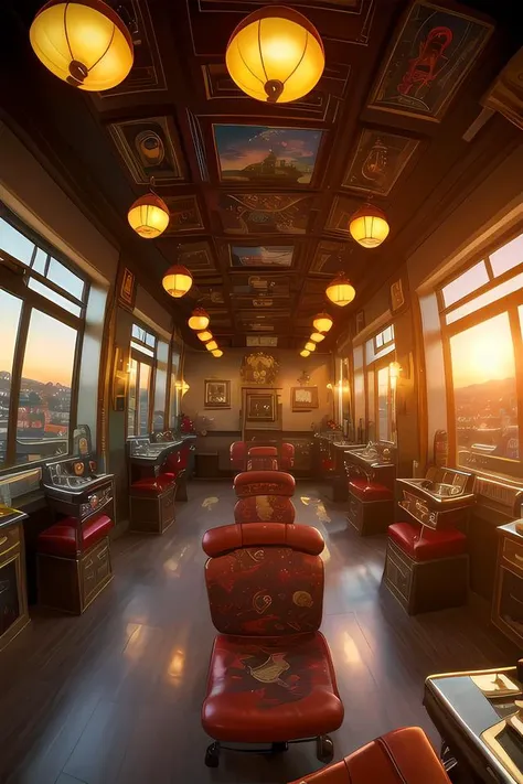 landscape of a Plain (Tattoo parlor:1.1) from inside of a Architecture, indoors, at Sunset, Depressing, Lomography, landscape art designed by Thomas Cole