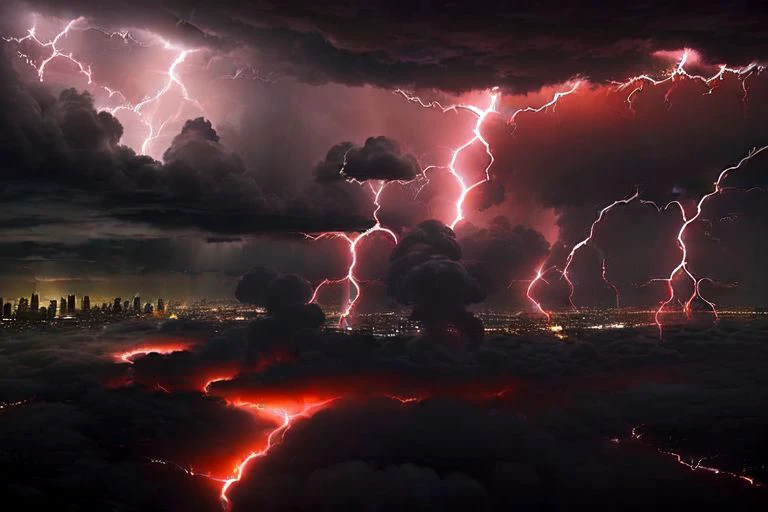 (view from above:1.8) (city in the sky built inside the whitest clouds), ((in the background an enormous dark violent storm full of yellow and (red lightning) creeps through the clouds leaving a trail of darkness behind, moving towards the city))