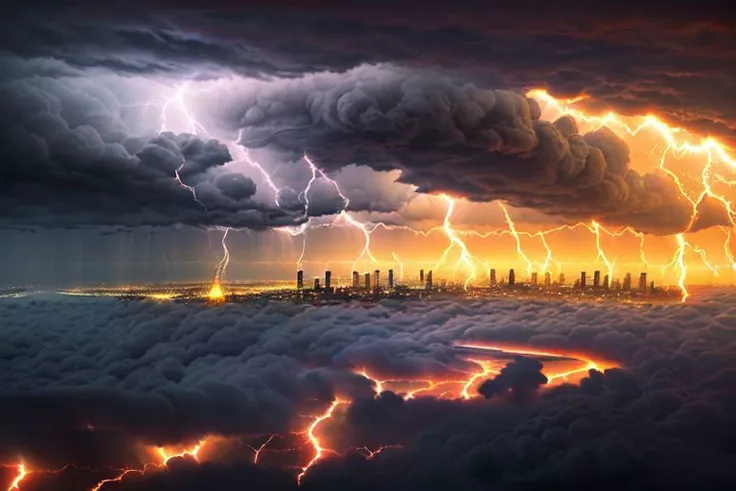 (view from above:0.8) city of light in the clouds exuding a godly aura of chrome and silver set high in the sky cradled by the whitest (((clouds))), ((in the background an enormous dark violent storm full of yellow and red lightning creeps through the clouds leaving a trail of darkness behind, moving towards the city))