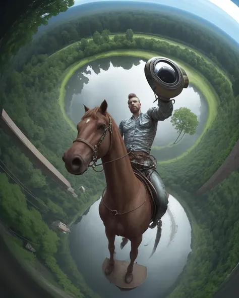 aerial shot of a Distorted tall Male Farrier, lush nature, Raining, FOV 90 degrees, Shameless, Fish-eye Lens, Hypersaturated, arcane, "Hey, I just met you, and this is crazy, but here's my number, so call me maybe.", art by Boris Groh