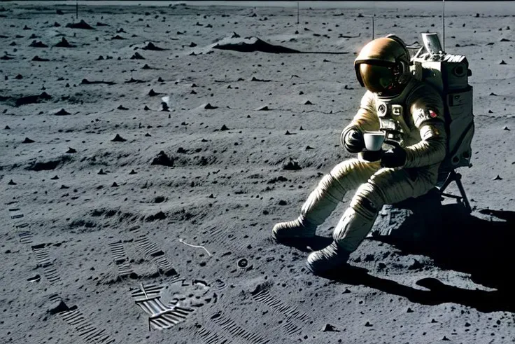 astrnaut on surface of the moon drinking a cup of coffee, he is not wearing a helmet, no helmet, BREAK RAW photo