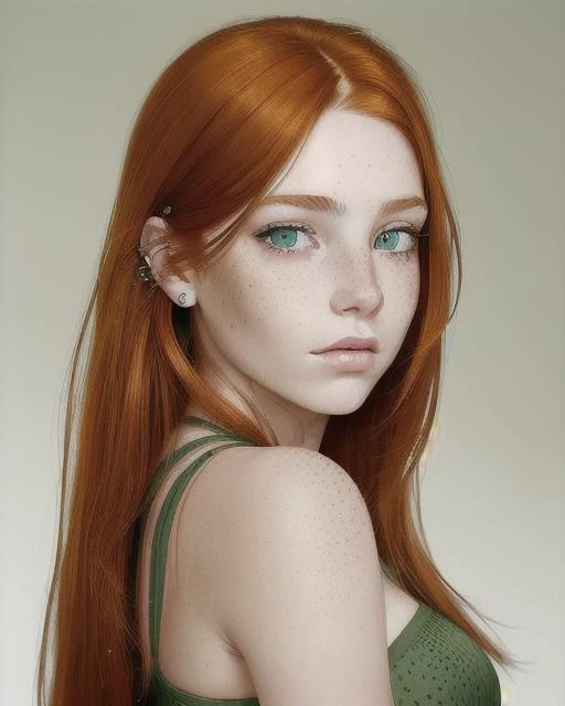 A detailed and realistic portrait of a confident young woman with piercing green eyes, freckles, and flowing auburn hair, by David Bailey.