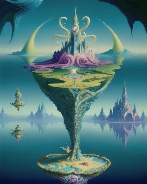 An enchanting dreamscape where reality and imagination intertwine, featuring floating islands, vibrant colours, and fantastical creatures, rendered in a whimsical and imaginative style, by Salvador Dali.