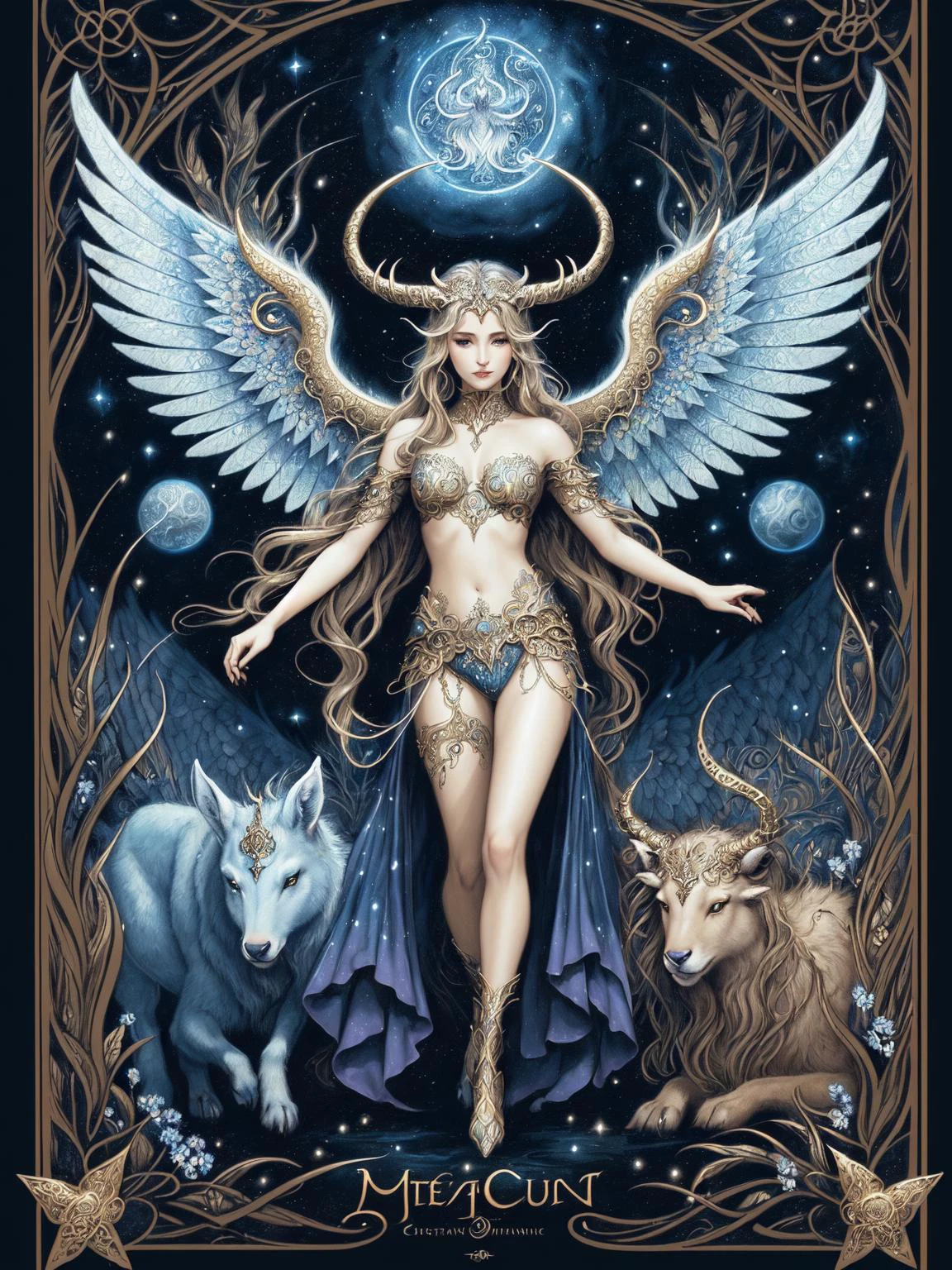 An intricate and captivating illustration of a mythical creature from ancient folklore, with majestic horns, ethereal wings, and intricate patterns. The creature should exude a sense of mystery and awe, with lifelike details and a mesmerizing presence. This artwork is perfect for fantasy-themed prints, mythology-inspired products, and mystical book covers. Illustrated by Mlanie Delon and Brian Froud.