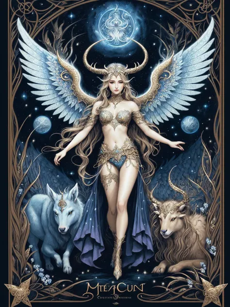 An intricate and captivating illustration of a mythical creature from ancient folklore, with majestic horns, ethereal wings, and intricate patterns. The creature should exude a sense of mystery and awe, with lifelike details and a mesmerizing presence. This artwork is perfect for fantasy-themed prints, mythology-inspired products, and mystical book covers. Illustrated by Mlanie Delon and Brian Froud.
