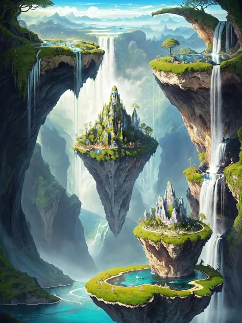 A breathtaking and surreal landscape inspired by dreams and imagination. The scene should depict floating islands, cascading waterfalls, and vibrant flora that defy the laws of gravity. This artwork invites viewers to escape reality and explore a realm of wonder and magic. It is perfect for wall art, album covers, and advertisements that seek to captivate the imagination. Illustrated by Hieronymus Bosch and Roger Dean. Surreal landscape, floating islands, cascading waterfalls, vibrant flora, otherworldly atmosphere.