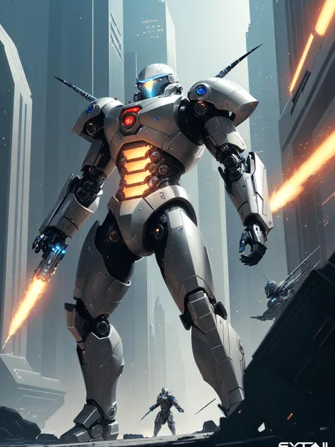 A dynamic and action-packed illustration of a futuristic cybernetic warrior engaged in a fierce battle against robotic adversaries. The warrior should possess advanced technology, sleek armor, and a determined expression. The scene should be filled with explosive energy and intricate mechanical details. This artwork is ideal for sci-fi gaming covers, concept art, and futuristic advertising campaigns. Illustrated by Syd Mead and Kekai Kotaki.
