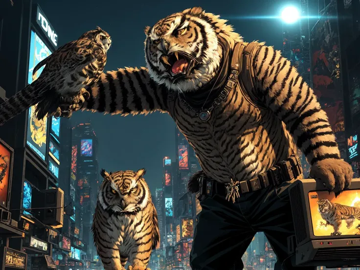 illustration of 
 , illustration of, epic Unreal Engine, Grouchy Aggressive [Sabertooth tiger| Owl], at Dusk, Movie still, New Wave Art, Cathode tube, stylized, taiji, art by Art Spiegelman,art by Yoji Shinkawa, hyper detailed, ultrafine detailed