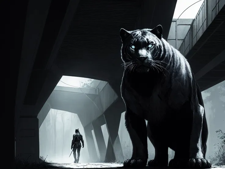 illustration of 
 , illustration of, [ (art by Howard Chaykin:0.9) :art by Steve Epting:5], On pale black paper, dense woods, Knightcore, Internally Glowing [monster Gizzard shad:Panther:5], wearing Rogue clothes, inside of a Overpass, [nature|dungeon], shallow depth of field, Sketch, side lit, Depth of field 100mm, Polychromatic, hyper detailed, ultrafine detailed