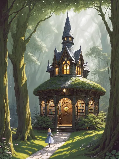 A whimsical and enchanting illustration of a magical library hidden deep within a mystical forest. The library should be filled with towering bookshelves, glowing books, and cozy reading nooks. This artwork invites viewers into a world of imagination and knowledge and is perfect for book-related advertisements, library promotions, and literature-themed merchandise. Illustrated by Charles Vess and John Howe.