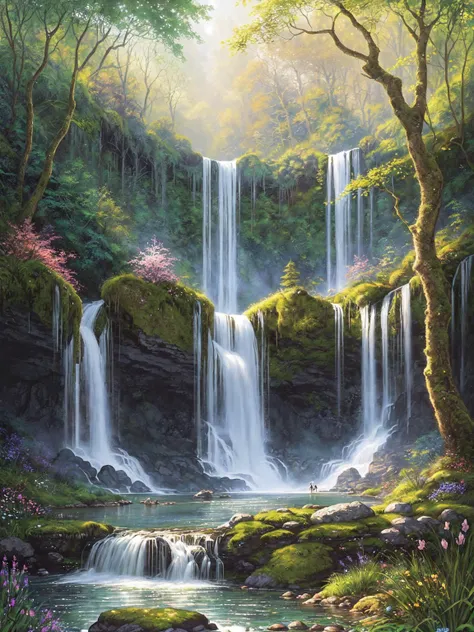 A serene and tranquil illustration of a serene waterfall nestled within a lush, verdant forest. The water should cascade gracefully down moss-covered rocks, surrounded by vibrant flora and peaceful wildlife. This artwork evokes a sense of serenity and is perfect for nature-themed wall art, relaxation products, and eco-friendly advertisements. Illustrated by Thomas Kinkade and Marjolein Bastin.