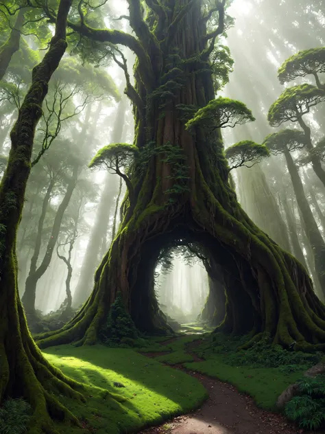 Embark on a breathtaking journey through an enchanted forest, where towering ancient trees create a verdant canopy overhead. Sunlight filters through the foliage, casting a soft glow on the moss-covered ground. Mythical creatures and magical beings roam freely, adding an element of wonder and mystery to the scene. The artwork, rendered with exquisite realism, captures the beauty and serenity of this fantasy landscape, inviting viewers to get lost in its ethereal charm., art by jamie hewlett and by simon bisley and by moebius, RAW photo, hyper detailed, ultrafine detailed,