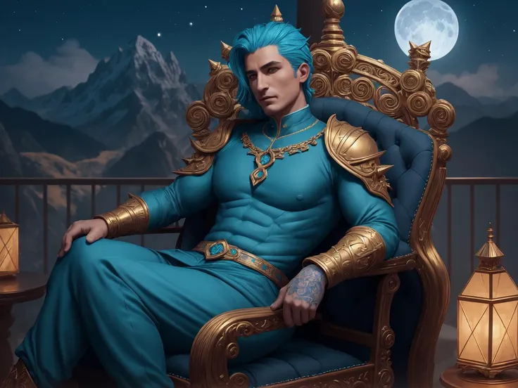 illustration of 
 , illustration of, Playdough figure of a Golden ratio, Strange Happy buff Nightelf sitting in a Middle Aged chair, elegant, [Macho:Sculptural:7] hair, Spiky hairstyle, Azure mountains, dtx, Moonlit, cinematic, moody, hyper detailed, ultrafine detailed