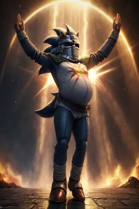 <lora:more_details:0.6>, <lora:Solaire:0.6>, ((Best quality)), ((masterpiece)), (detailed), solaire in a helmet. <lora:Sonic:0.6>, basesonic
Experience the captivating fusion of two iconic worlds as Sonic the Hedgehog takes on the extraordinary role of a pregnant knight, bathed in the golden glow of the sun. This awe-inspiring artwork portrays Sonic, his vibrant blue fur now adorned in resplendent armor, raising both arms triumphantly towards the heavens.
Every intricate detail is meticulously crafted, from the intricately engraved armor that hugs Sonic's form to the delicate curve of his pregnant belly, symbolizing the miracle of new life. The camera angle, captured at a medium shot, accentuates Sonic's dynamic pose as he stands tall, radiating determination and strength. The warm rays of the sun envelop him, casting a celestial glow upon his noble figure.
This (masterpiece:1.1) artwork transcends expectations, blending the beloved character of Sonic the Hedgehog with the timeless symbolism of a knight and the miraculous beauty of pregnancy. It invites viewers to contemplate the courage and resilience found in unexpected transformations and the power of embracing new journeys. Prepare to be captivated by this striking depiction that celebrates the union of strength, hope, and the limitless possibilities of imagination.