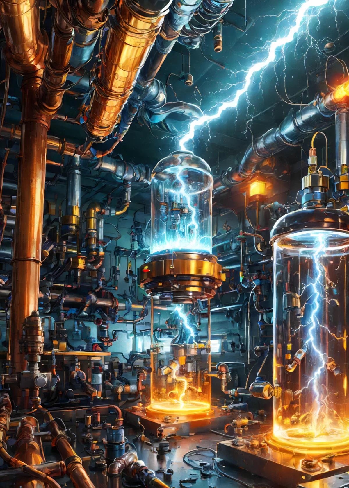 CS-BRYO, A secret underground laboratory, filled with scientific equipment and bubbling experiments., <lora:JoltTech:0.6>, lightning, power, sparks, intense, jolttech