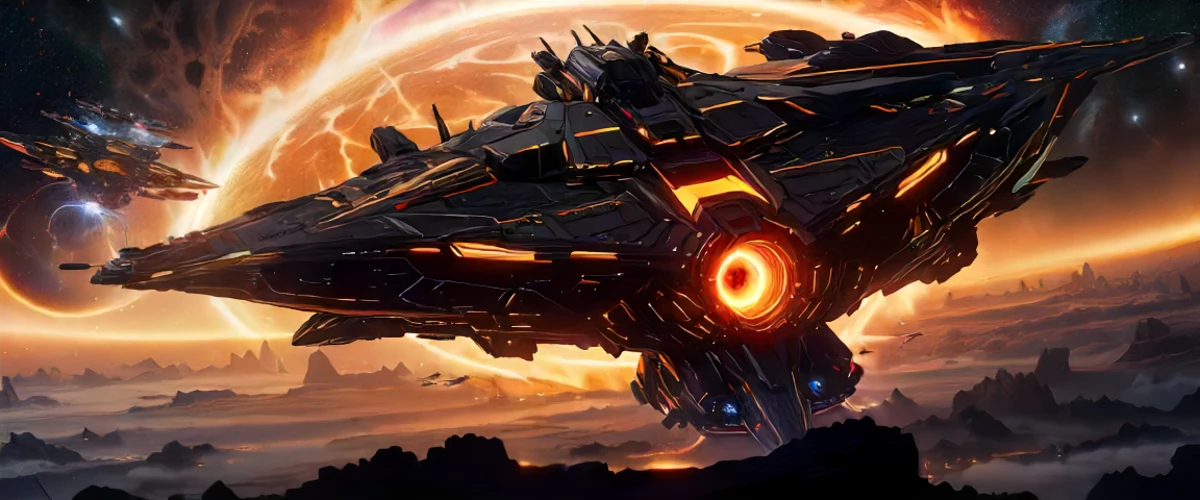 CS-BRYO, A space opera battle, with starships engaging in epic combat amidst a backdrop of distant galaxies., <lora:InfraBlackholeTech:0.6>, excessive energy, inblackholetech