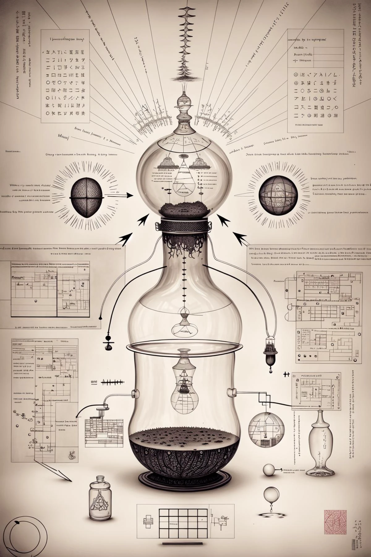 potion brewing, strange images of unknown schematics and written explanations and beautiful calligraphy, ink drawings, high quality masterpiece, highly detailed, inctricate <lora:Alchemy:1>