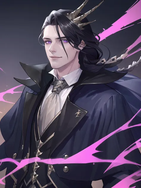 masterpiece,best quality,highres,cinematic lighting,dramatic angle,1boy,<lora:ShadowverseCorneliusV1:0.8>,black hair,hair ornament,purple eyes,single white braid,bone,necktie,white shirt,black suit,capelet,horn,mature male,evil smile,shaded face,glowing eyes,looking at viewer,holding wand,standing,from below,close-up,portrait