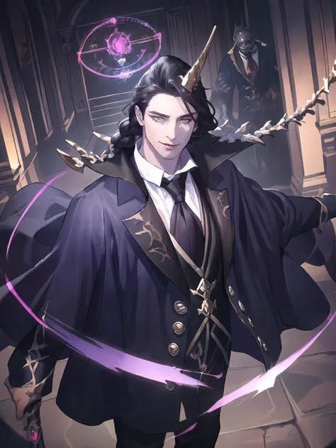 masterpiece,best quality,highres,cinematic lighting,dramatic angle,multiple boys,<lora:ShadowverseCorneliusV1-000025:0.8>,black hair,hair ornament,purple eyes,single white braid,bone,necktie,white shirt,black suit,capelet,horn,mature male,evil smile,shaded face,glowing eyes,looking at viewer,holding cane,standing,close-up,portrait,minions,necromancer,(from below:1.2),magic circle,depth of field