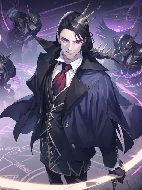 masterpiece,best quality,highres,cinematic lighting,dramatic angle,multiple boys,<lora:ShadowverseCorneliusV1-000025:0.8>,black hair,hair ornament,purple eyes,single white braid,bone,necktie,white shirt,black suit,capelet,horn,mature male,evil smile,shaded face,glowing eyes,looking at viewer,holding wand,standing,close-up,portrait,minions,necromancer,from random point of view,magic circle,depth of field