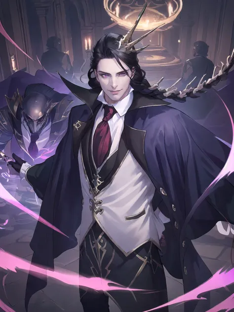 masterpiece,best quality,highres,cinematic lighting,dramatic angle,multiple boys,<lora:ShadowverseCorneliusV1-000025:0.8>,black hair,hair ornament,purple eyes,single white braid,bone,necktie,white shirt,black suit,capelet,horn,mature male,evil smile,shaded face,glowing eyes,looking at viewer,holding cane,standing,close-up,portrait,minions,necromancer,(from below:1.2),magic circle,depth of field