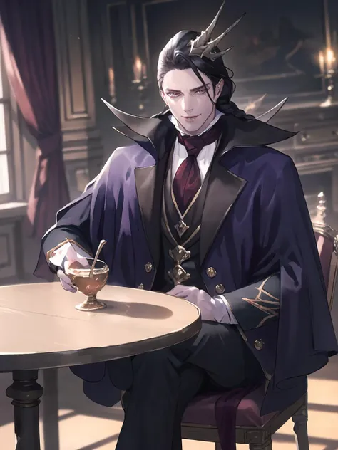 masterpiece,best quality,highres,cinematic lighting,dramatic angle,1boy,<lora:ShadowverseCorneliusV1:0.8>,black hair,hair ornament,purple eyes,white bone braid,bone,necktie,white shirt,black suit,capelet,horn,mature male,evil smile,shaded face,glowing eyes,looking at viewer,sitting,legs crossed,arm support,sitting on chair,across table,table