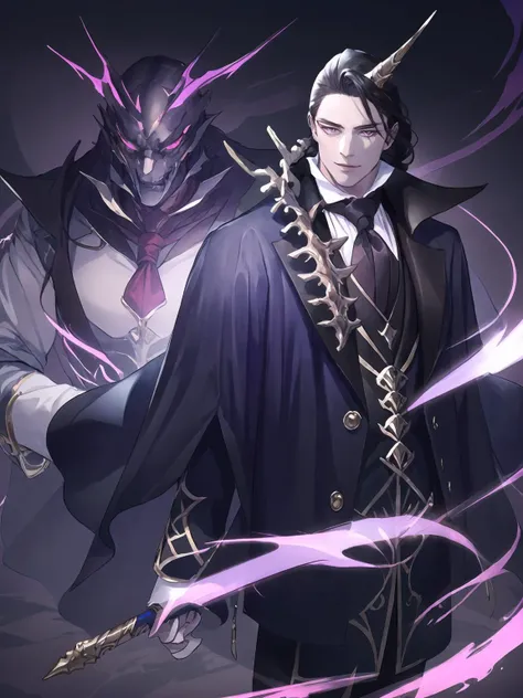 masterpiece,best quality,highres,cinematic lighting,dramatic angle,1boy,<lora:ShadowverseCorneliusV1:0.8>,black hair,hair ornament,purple eyes,single white braid,bone,necktie,white shirt,black suit,capelet,horn,mature male,evil smile,shaded face,glowing eyes,looking at viewer,holding wand,standing,from below,close-up,portrait