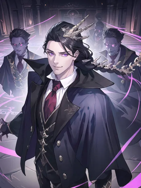 masterpiece,best quality,highres,cinematic lighting,dramatic angle,multiple boys,<lora:ShadowverseCorneliusV1-000025:0.8>,black hair,hair ornament,purple eyes,single white braid,bone,necktie,white shirt,black suit,capelet,horn,mature male,evil smile,shaded face,glowing eyes,looking at viewer,holding wand,standing,close-up,portrait,minions,necromancer,from random point of view,magic circle,depth of field