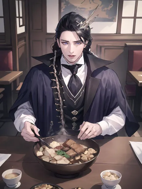 masterpiece,best quality,highres,cinematic lighting,dramatic angle,1boy,<lora:ShadowverseCorneliusV1-000025:0.8>,black hair,hair ornament,purple eyes,single white braid,bone,necktie,white shirt,black suit,capelet,mature male,shaded face,glowing eyes,mapo tofu, table,chinese restaurant,across table,sweat,sweatdrop,nervous,spoon,open mouth,embarrassed