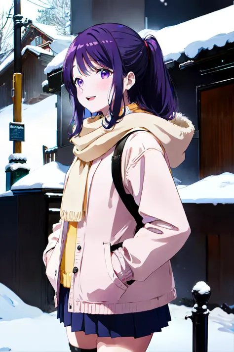 upper body, Nagisa Kubo, 1girl, <lora:Nagisa Kubo_V1-000004:0.8>, scarf, purple hair, snow, purple eyes, outdoors, looking at viewer, snowing, smile, open mouth, hands in pockets, winter, coat, skirt, bangs, building, white skirt, yellow scarf, blush, jacket, standing, :d, from side, pleated skirt, long sleeves,, (masterpiece:1.2), highres, best quality, 8k, very clear,