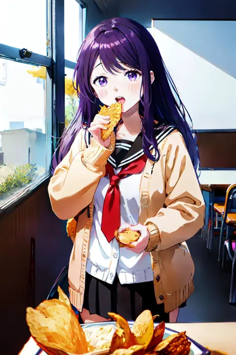 upper body, Nagisa Kubo, purple hair, purple eyes, 1girl, <lora:Nagisa Kubo_V1-000004:0.7>, (eating potato chips:1.3), open mouth, classroom, black sailor collar, school uniform, serafuku, white shirt, red neckerchief, black pleated skirt, (brown cardigan:1.3), open cardigan, long sleeves, white legwear, brown footwear,, (masterpiece:1.2), highres, best quality, 8k, very clear,