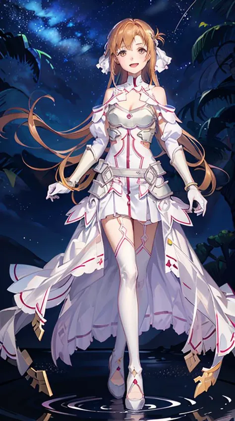 stacia, 1girl, solo, long hair, breasts, looking at viewer, smile, open mouth, bangs ,detailed eyes, beautiful background, (night sky, stars), hands on the chest, brown hair, thighhighs, gloves, dress, cleavage, bare shoulders, brown eyes, very long hair, standing, full body, white gloves, white dress, armor, white thighhighs, garter straps, fantasy, white armor, abec, <lora:StyleIllustratorStyle_bunbunStyle:0.6>, <lora:asuna_(stacia)-v1.5:0.66>, masterpiece, best quality,