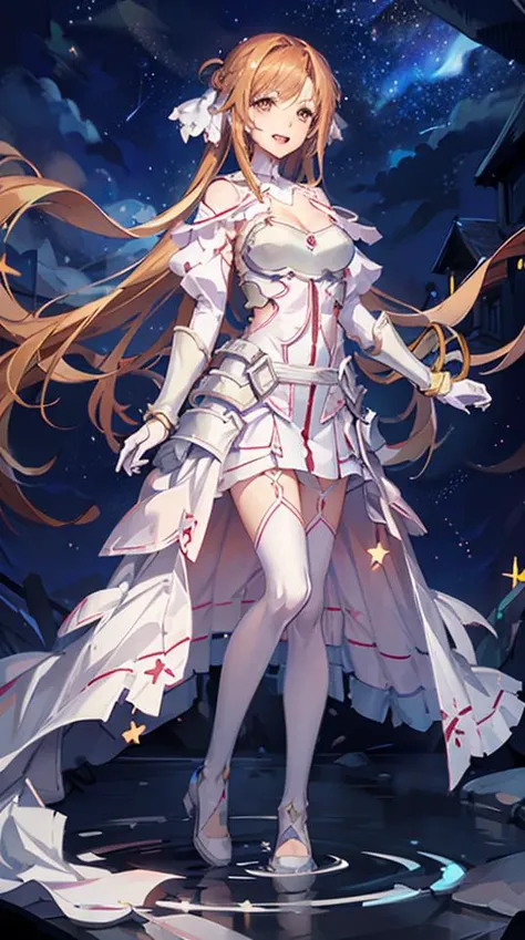 stacia, 1girl, solo, long hair, breasts, looking at viewer, smile, open mouth, bangs ,detailed eyes, beautiful background, (night sky, stars), hands on the chest, brown hair, thighhighs, gloves, dress, cleavage, bare shoulders, brown eyes, very long hair, standing, full body, white gloves, white dress, armor, white thighhighs, garter straps, fantasy, white armor, abec, <lora:StyleIllustratorStyle_bunbunStyle:0.6>, <lora:asuna_(stacia)-v1.5:0.66>, masterpiece, best quality,