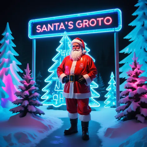 Santa Claus stood outside santas grotto, <lora:DonMFr0stP4nk:1>, DonMFr0stP4nkXL, ice, snow, snowy ground, frost, hologram, holographic,christmas trees, led lights, nighttime, neon, futuristic, cyberpunk, decorations, neon glow, <lora:texta:1>, (sign text 'Santa's Grotto':1.5)