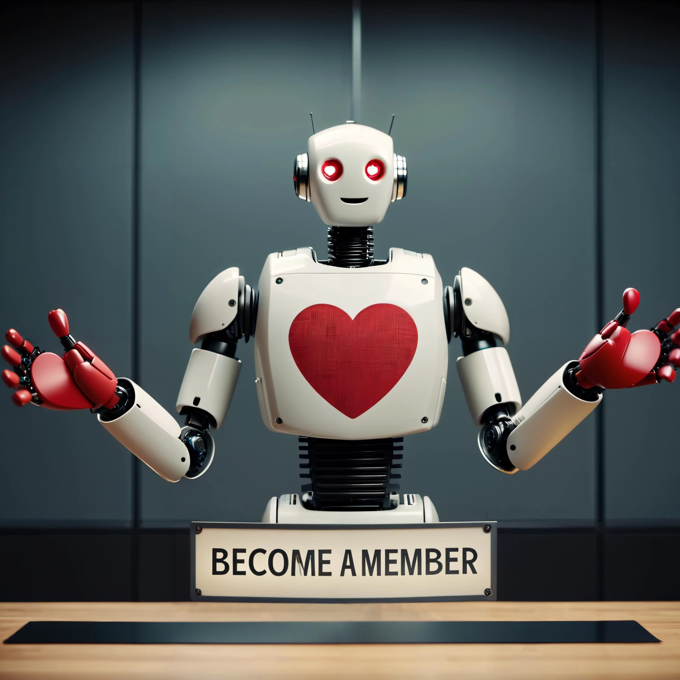 cinematic film still a joyful happy robot making heart shaped hands, a cloth banner with ((text logo "Become a member")), in the data center room, Perfect Hands, looking at viewer, (SFW) <lora:Harrlogos_v2.0:1> <lora:texta:1> <lora:AwyHandHeartXL:1> <lora:Perfect Hands v2:1> . shallow depth of field, vignette, highly detailed, high budget, bokeh, cinemascope, moody, epic, gorgeous, film grain, grainy