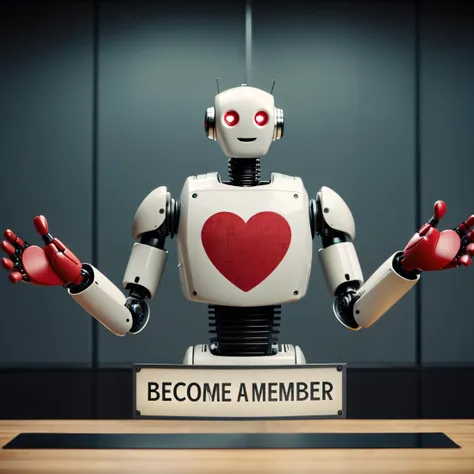 cinematic film still a joyful happy robot making heart shaped hands, a cloth banner with ((text logo "Become a member")), in the data center room, Perfect Hands, looking at viewer, (SFW) <lora:Harrlogos_v2.0:1> <lora:texta:1> <lora:AwyHandHeartXL:1>  <lora:Perfect Hands v2:1>  . shallow depth of field, vignette, highly detailed, high budget, bokeh, cinemascope, moody, epic, gorgeous, film grain, grainy