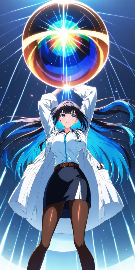anime artwork civitchan straighten arms raised up holding a ((giant orb of light)) with ((text logo "Please join me some members")) in both hands over head , bangs, belt, black hair, black skirt, blue eyes, blue hair, blunt bangs, braid, breasts, brown pantyhose, girl, coat, collared shirt, colored inner hair, labcoat, lips, long hair, lookimulticolored hair, open clothes, pencil skirt, standing, two-tone hair, white shirt, upper body, looking up, simple background, outdoors, ((from below angle)), extremely detailed, solo, (SFW) <lora:Perfect Hands v2:1> <lora:DetailedEyes_V3:1> <lora:SDXLCivitaiChanBday:1> <lora:Harrlogos_v2.0:1> <lora:texta:1> . anime style, key visual, vibrant, studio anime, highly detailed