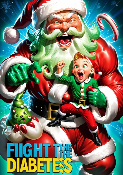 film poster by Phil Jimenez and john Wilhelm, (title says "FIGHT THE DIABETES!":1.7), ((Santa Claus overlord in green coat:1.55) furiously punches (The sugar monster:1.7)),
<lora:xl_more_art-full_v1:0.5> art by Stefan Gesell <lora:texta:1>