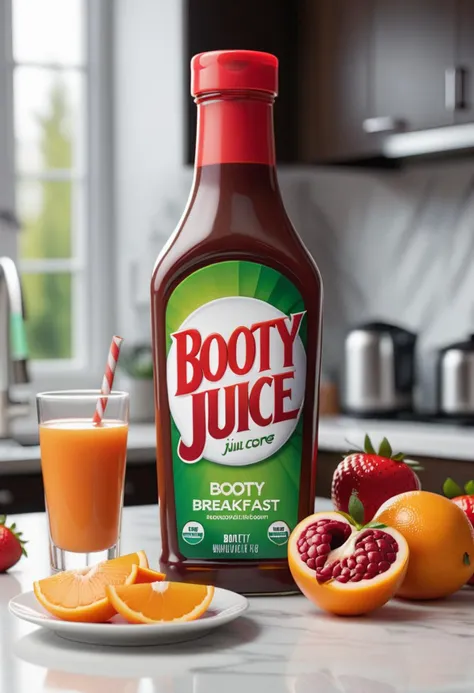Booty Juice logo, in the kitchen, morning, professional advertisement, part of this complete breakfast
<lora:texta:1>