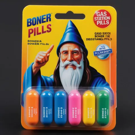 realistic, a blister pack containing assorted colored pill capsules, the blister package has the text âgas station boner pillsâ, it has (a picture of a wizard on the front), <lora:texta:1>