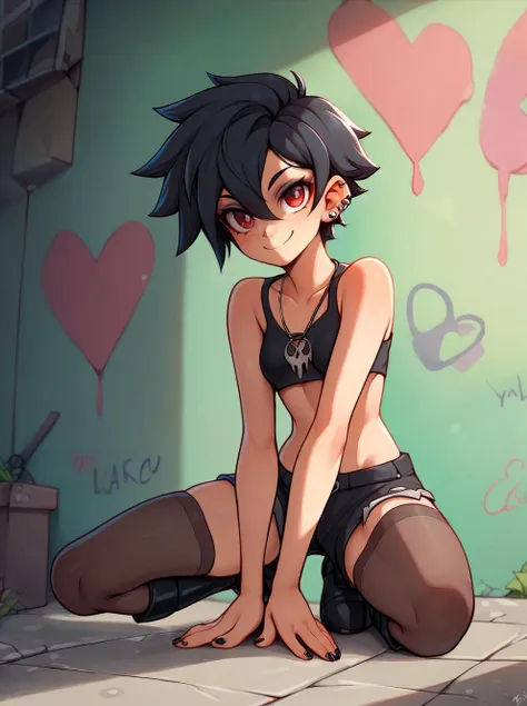 score_9, score_8_up, score_7_up,score_6_up, score_5_up, 1girl, source_anime, BREAK, 1girl, sexy, crouch in floor, micro short, black net top, dark black hair, red eyes, hair between eyes, small breasts, few evil smile, makeup, urban alley punk graffiti background, black emo outfit, volumetric lighting, black boots