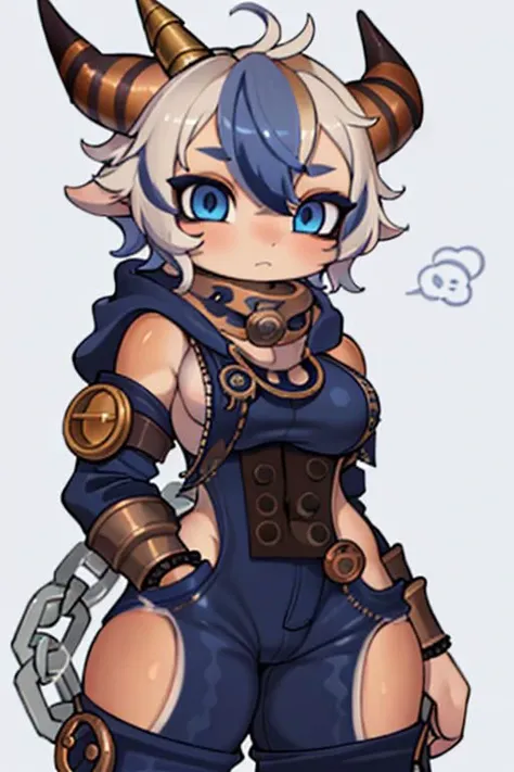 Dragon, horns, chibi, breasts, thick thighs, muscular, ((tan skin)), white hair, ((navy hair streaks)), short spiky hair, slanted blue eyes, ((skin patterns)), non human, monster girl, chains, ripped clothes, ((tomboy outfit)), bad ass, ((overdesigned)), huge fluffy white scarf, ((short hooded jumpsuit)), industrial parts, ((steampunk))