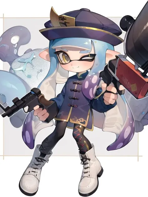 best quality, <lyco:xxx-000013:1.0>, 1girl, solo, inkling, holding, hat, one eye closed, weapon, tentacle hair, pointy ears, holding weapon, inkling girl, +_+, closed mouth, full body, long sleeves, smile, white footwear, boots, standing, looking at viewer, grey hair, ofuda, sparkle, yellow eyes, gun, jiangshi, qing guanmao, cross-laced footwear, black headwear, bangs, holding gun, blunt bangs, long hair, grey footwear, shirt