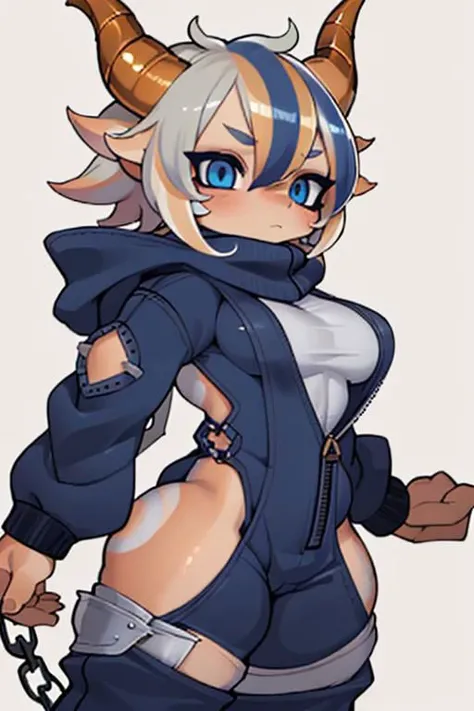 Dragon, horns, chibi, breasts, thick thighs, muscular, ((tan skin)), white hair, ((navy hair streaks)), short spiky hair, slanted blue eyes, ((skin patterns)), non human, monster girl, chains, ripped clothes, ((tomboy outfit)), bad ass, ((overdesigned)), huge fluffy white scarf, ((short hooded jumpsuit)), industrial parts, ((y2k)),