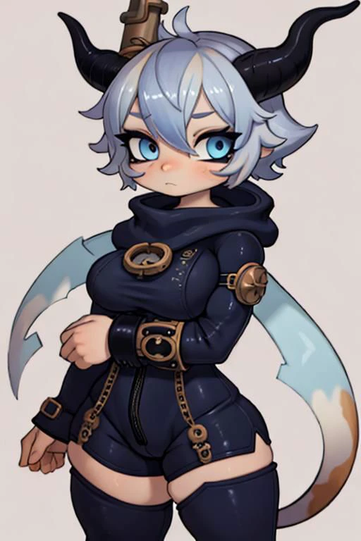 Dragon, horns, chibi, breasts, thick thighs, muscular, ((tan skin)), white hair, ((navy hair streaks)), short spiky hair, slanted blue eyes, ((skin patterns)), non human, monster girl, chains, ripped clothes, ((tomboy outfit)), bad ass, ((overdesigned)), huge fluffy white scarf, ((short hooded jumpsuit)), industrial parts, ((steampunk)),((outfit in black navy whit and light blue)), y2k