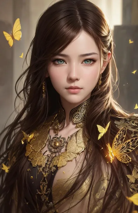 8k portrait of beautiful cyborg with brown hair, intricate, elegant, highly detailed, majestic, digital photography, art by artgerm and ruan jia and greg rutkowski surreal painting gold butterfly filigree, broken glass, (masterpiece, sidelighting, finely detailed beautiful eyes: 1.2), hdr,